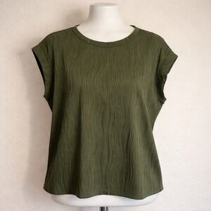 PrettyGarden Olive Green Wavy Pleated Cap Sleeve Top XXL Crew Neck Blouse